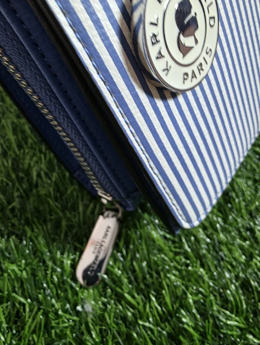 ​Karl Lagerfeld Paris Striped Crossbody Bag - Blue & White Accordion Wallet